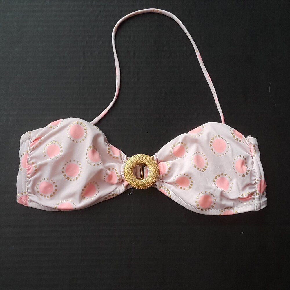 Victoria's Secret light pink bikini top with bright pink dots, gold trim, sz L